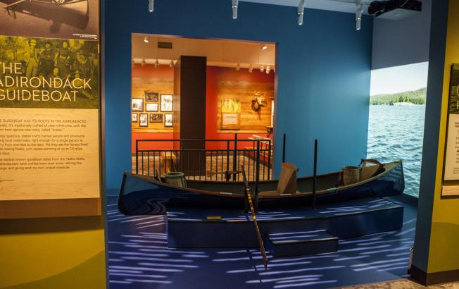 An interactive guideboat display at Adirondack Experience, The Museum on Blue Mountain Lake