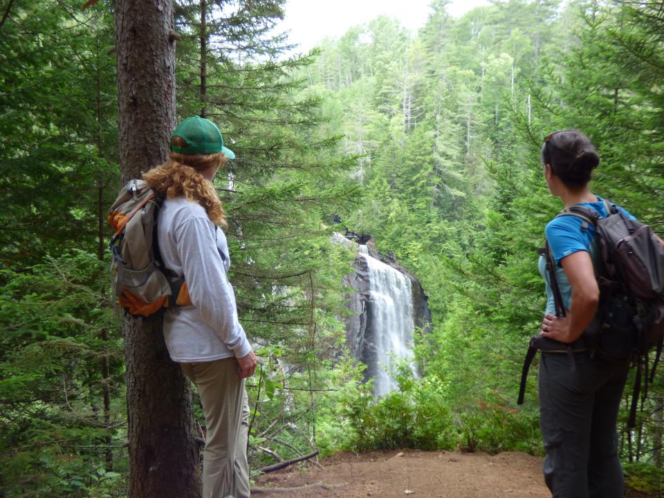 Two women look out to a clearing to a waterfall in the woods.