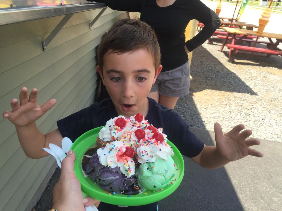 6 Scoops of ice cream, 3 toppings, plus whipped cream & cherry $8.95 and you get to keep the frisbee. What!? How could we say no...