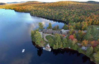 As seen from the air: the Adirondack Architecture approach was to nestle the multiple buildings into the landscape like a jewel on velvet.