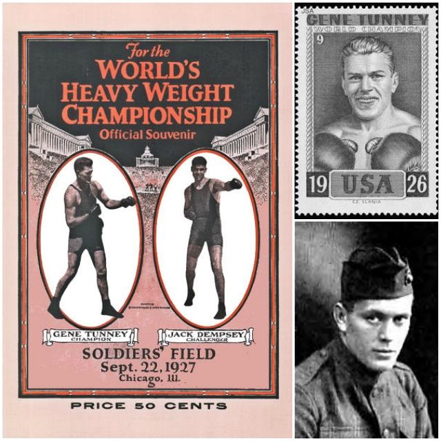 At left, the souvenir program for the rematch in 1927. At right, top: the stamp to commemorate Gene Tunney. At right, bottom: Gene Tunney as a Marine.