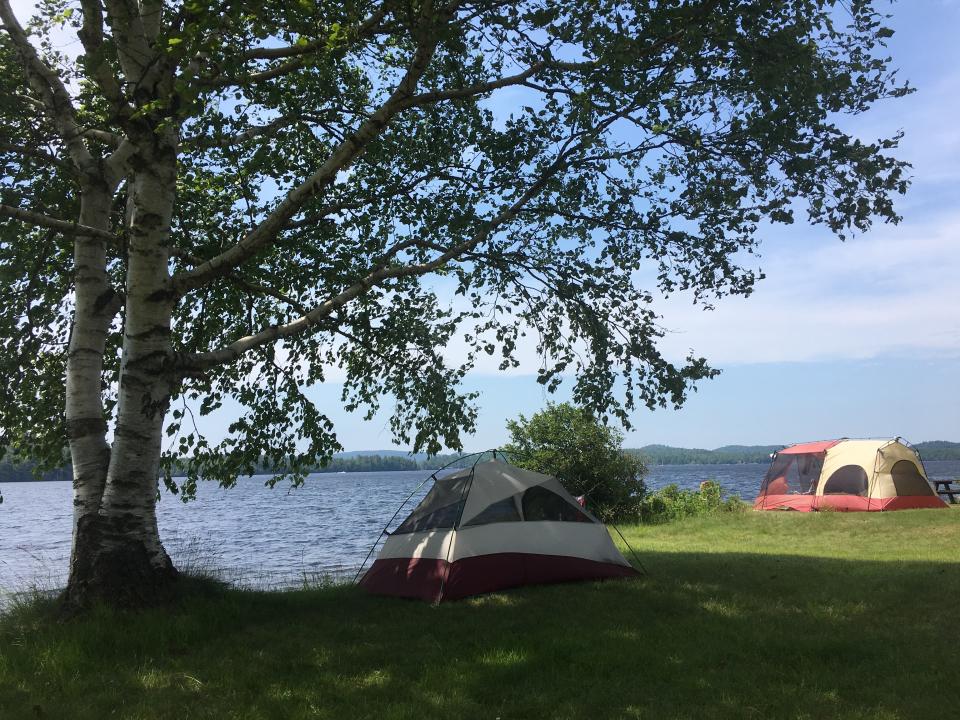 Two tents set up along the water campsites at Tioga Point, Racquette Lake