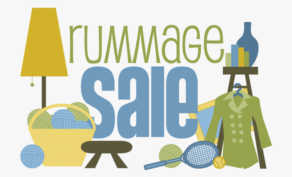 rummage sale poster with items that would be for sale- a lamp, a basket of yarn balls, a stool, coat, vases, and sports eqipment