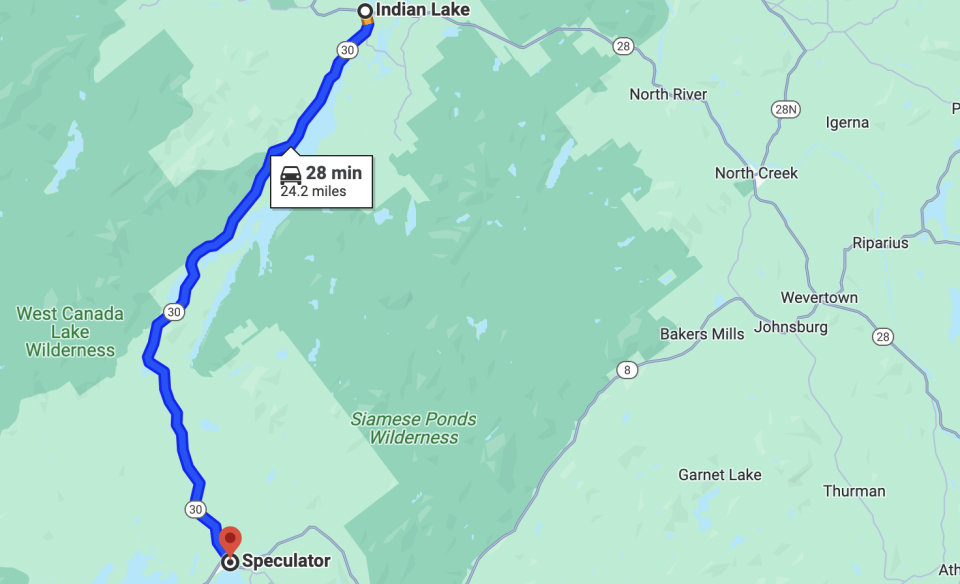 Map of the drive between Indian Lake and Speculator