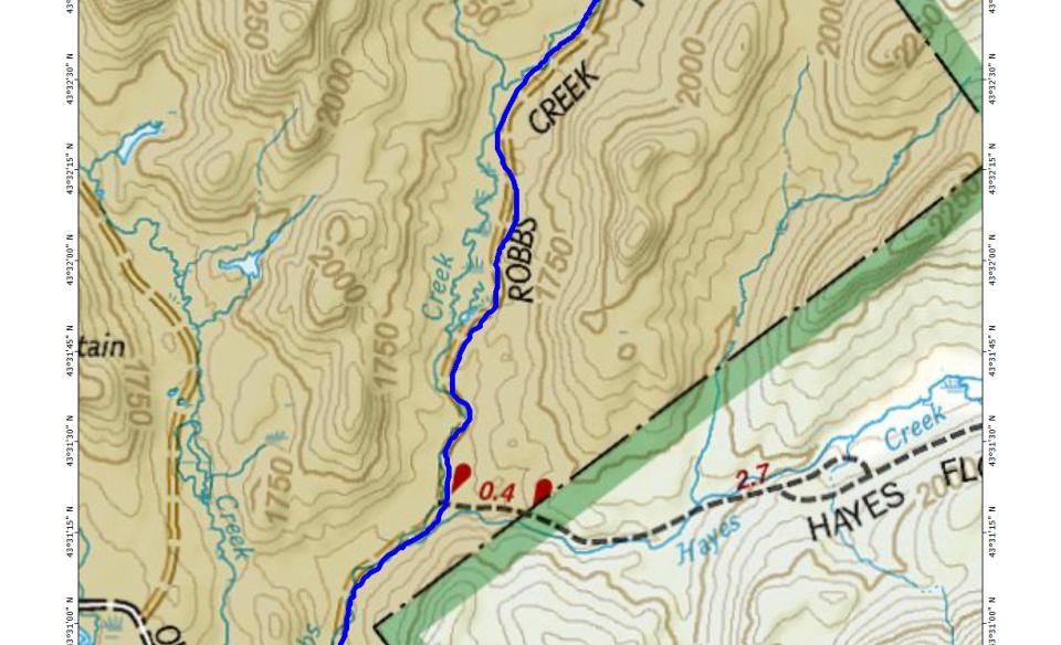 A map with a trail marked in blue.