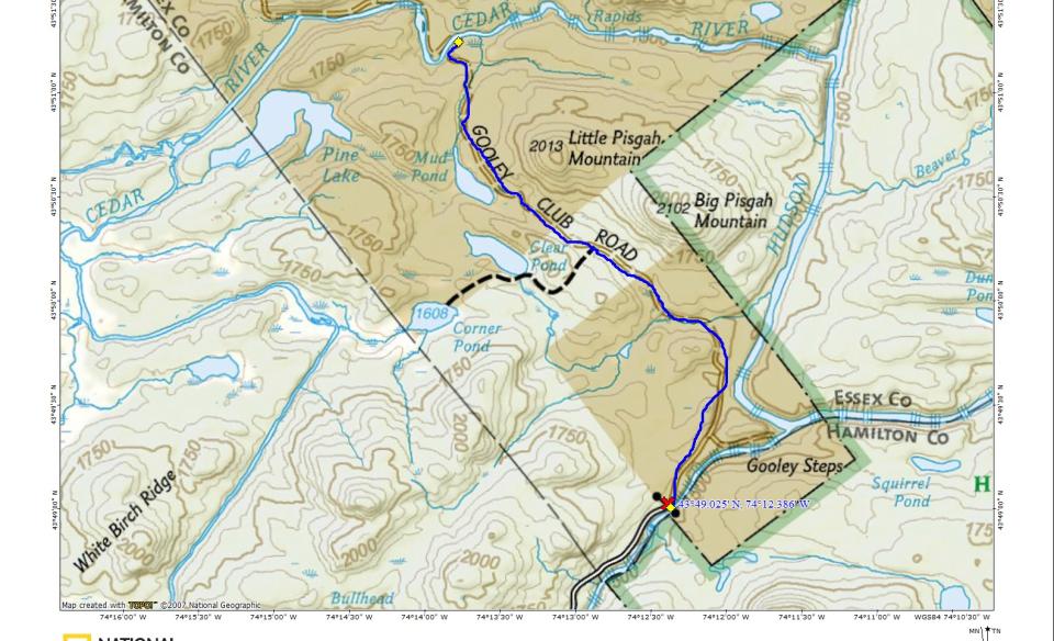 A map of a hike along a road to a river.