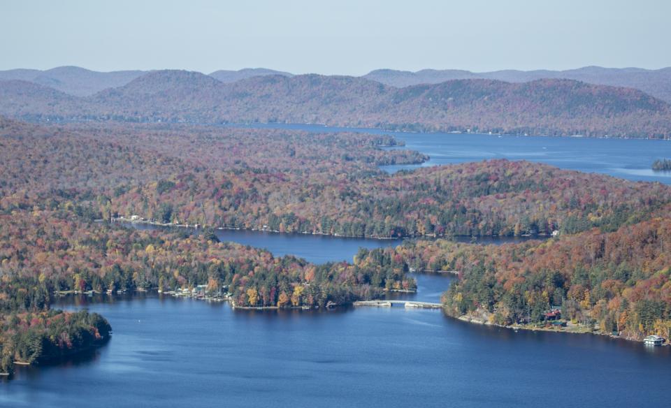 Aerial view of Eighth Lake and the surrounding area during the peak of fall foliage