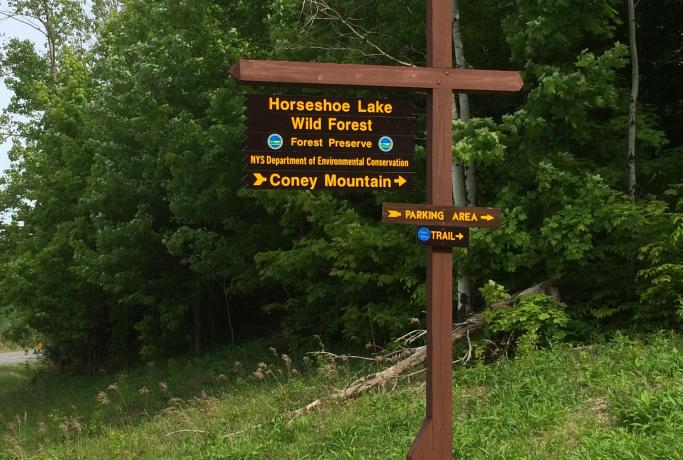 Look for the distinctive DEC signs to find parking and trailheads.