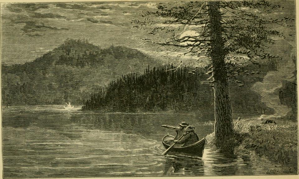 An engraving of two men in an Adirondack guide boat from the 1880s.