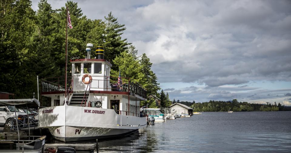 the w.w. durant floats at its dock on raquette lake.