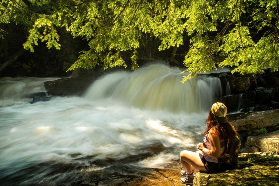 A woman sits with her back to the camera; she faces a churning waterfall surrounded by green-leaved trees.