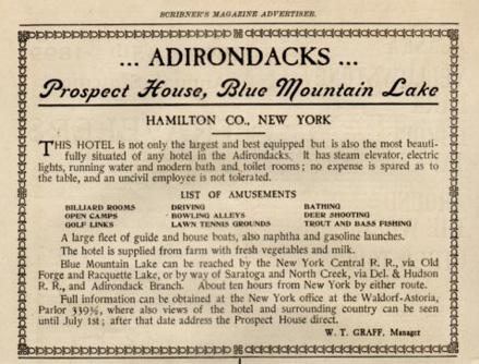 Scribner's Magazine Ad for the Prospect House, Blue Mountain Lake (c.1899)