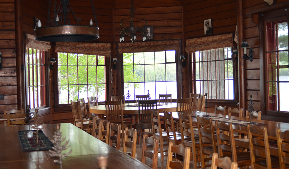 Interior shot of Great Camp Sagamore's Dining Hall