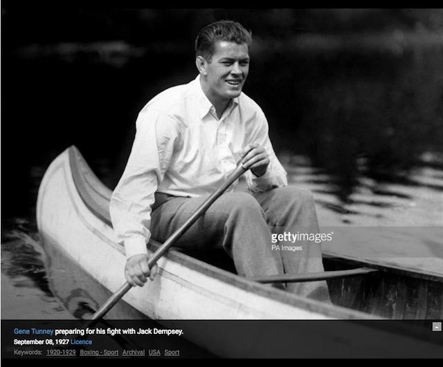 Gene Tunney paddling in Speculator. Newspapers loved shots of celebrities in the Adirondack woods.