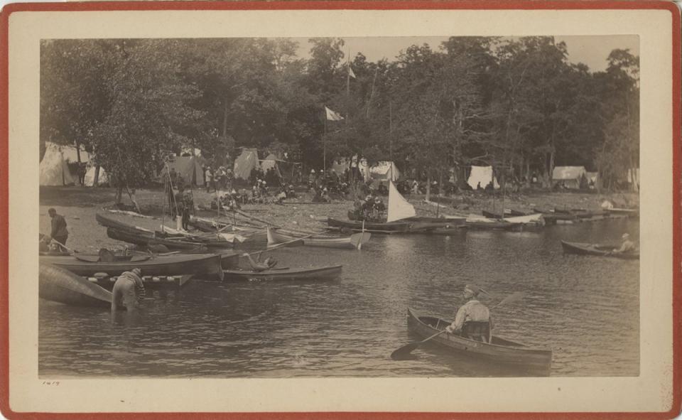 Photo print showing members of the American Canoe Association at one of the organization's lakeside camps, Catalog Number 1975.020.0725