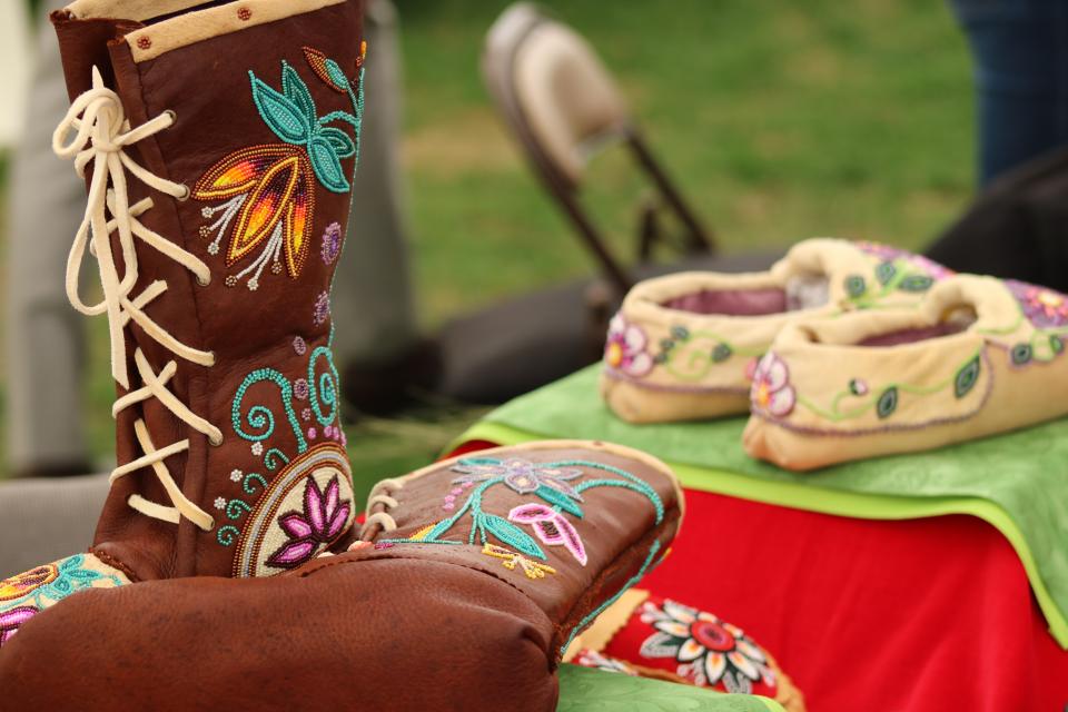 Handcrafted beaded tall moccasins. Image courtesy Adirondack Experience: The Museum on Blue Mountain Lake