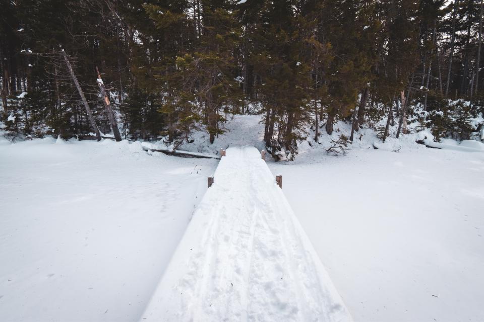 A bridge covered in snow and ski tracks.