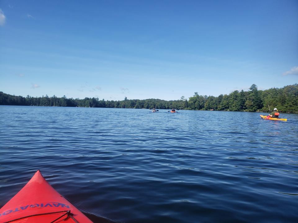 A group of kayakers out on a blue lake.