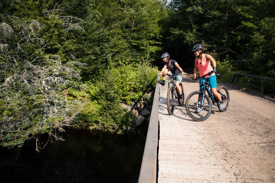 Two women on mountain bikes peer over a small bridge to a river surrounded by trees.