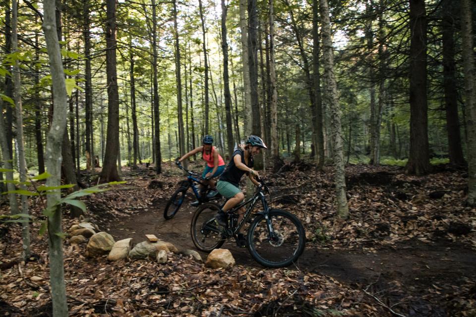 Two women on mountain bikes laughing as they maneuver a downhill turn in the forest.