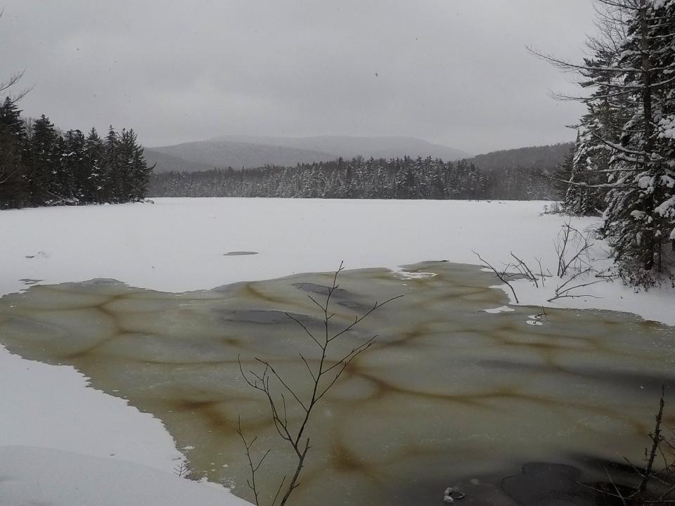 A snowy view from the shore of a frozen pond.