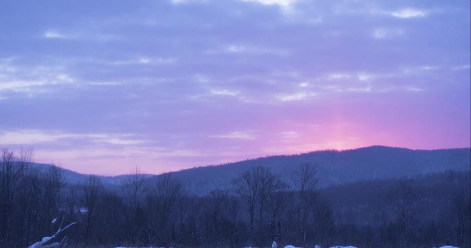 The sunrise creates a purple sky over a snow-covered field