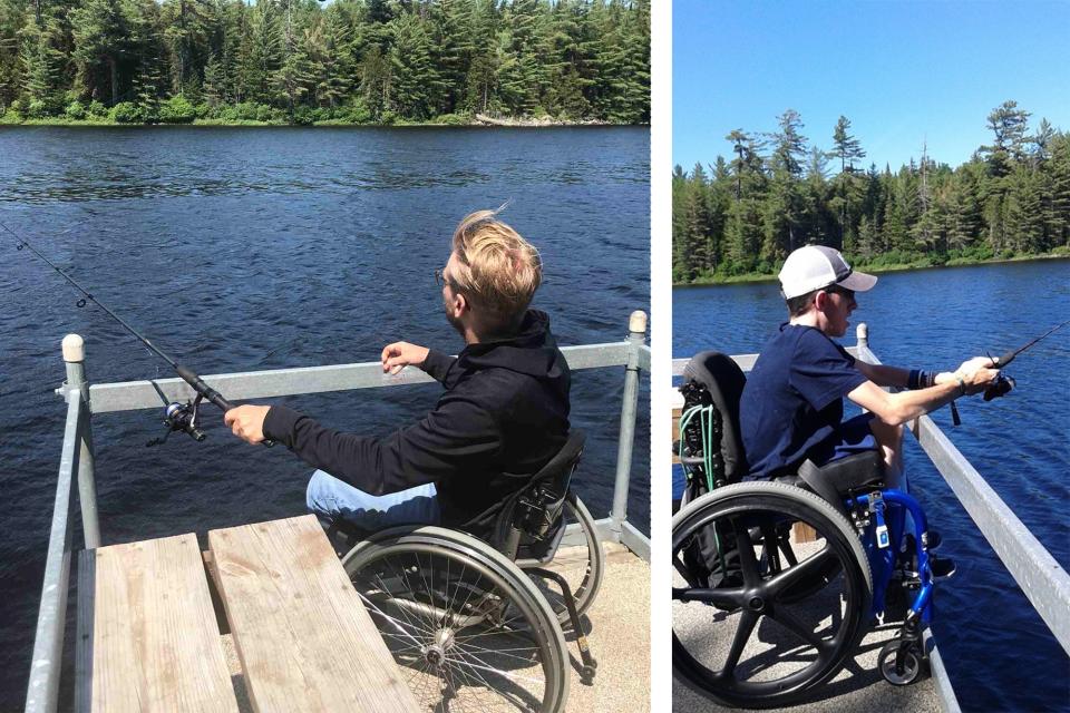 Two photos of individuals in wheelchairs fishing.