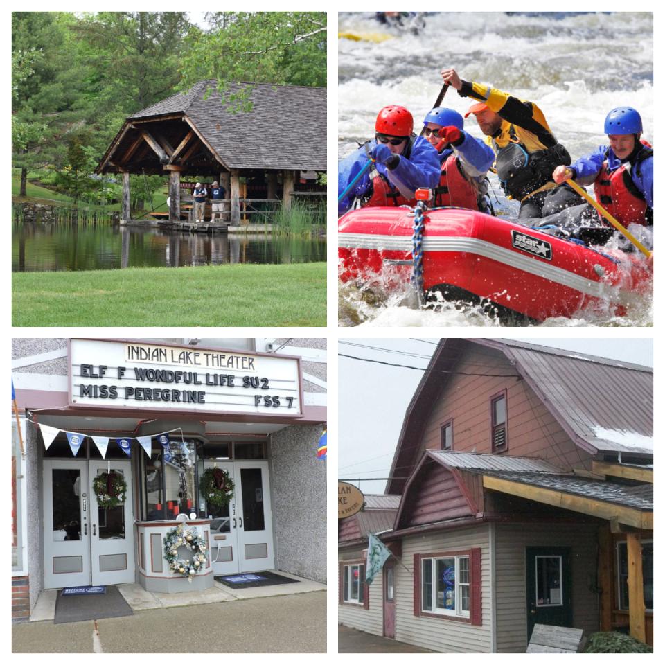 Collage of photos showing whitewater rafting, an old movie theater, outdoor gear store, and a small pond at a museum.