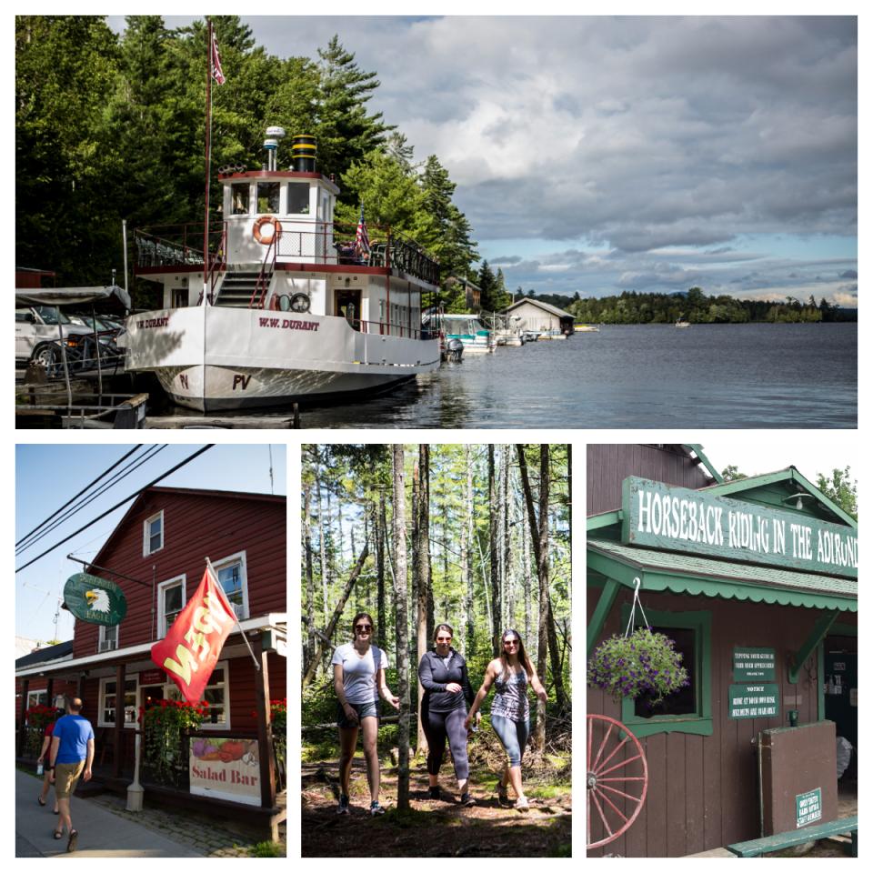 Photo collage of a replica steamboat on a lake, women hiking in the woods, a horseback riding stand, and a restaurant exterior.