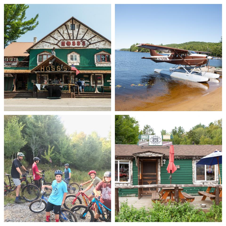 Photo collage of a rustic general store, float plane on a lake, kids on mountain bikes in a clearing, and outdoor dining.
