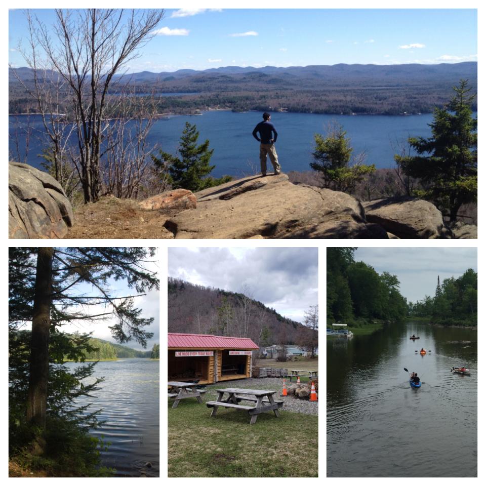 A collage of photos of a hiker overlooking a lake, paddlers on a river, a picnic area, and a forested shoreline.