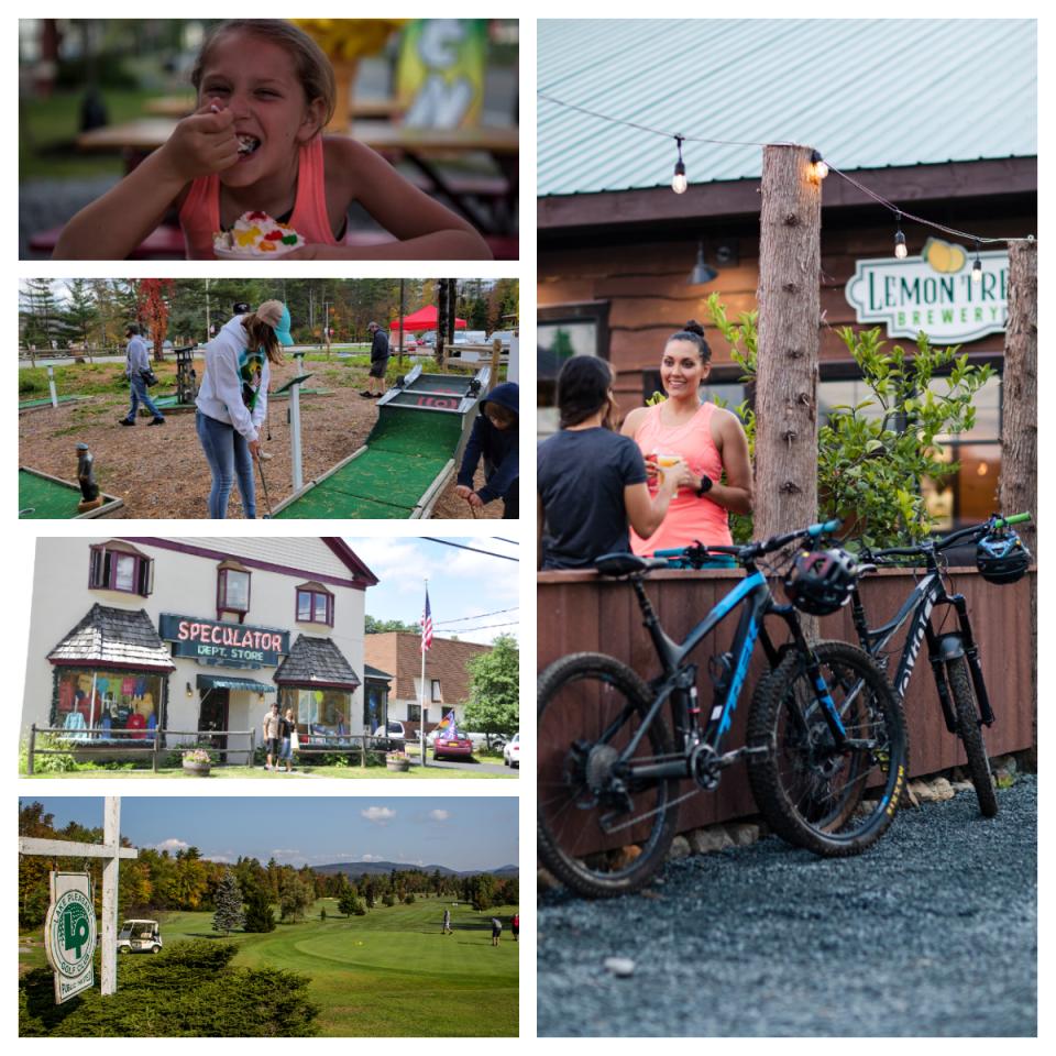 A collage of photos of a girl at an ice cream stand, a general store, mountain bikers at a brewery, and a golf course.