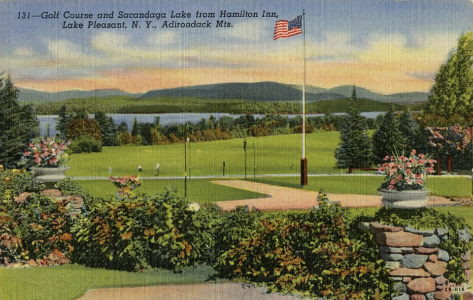 An illustrated, vintage postcard showing a golf course overlooking a lake.