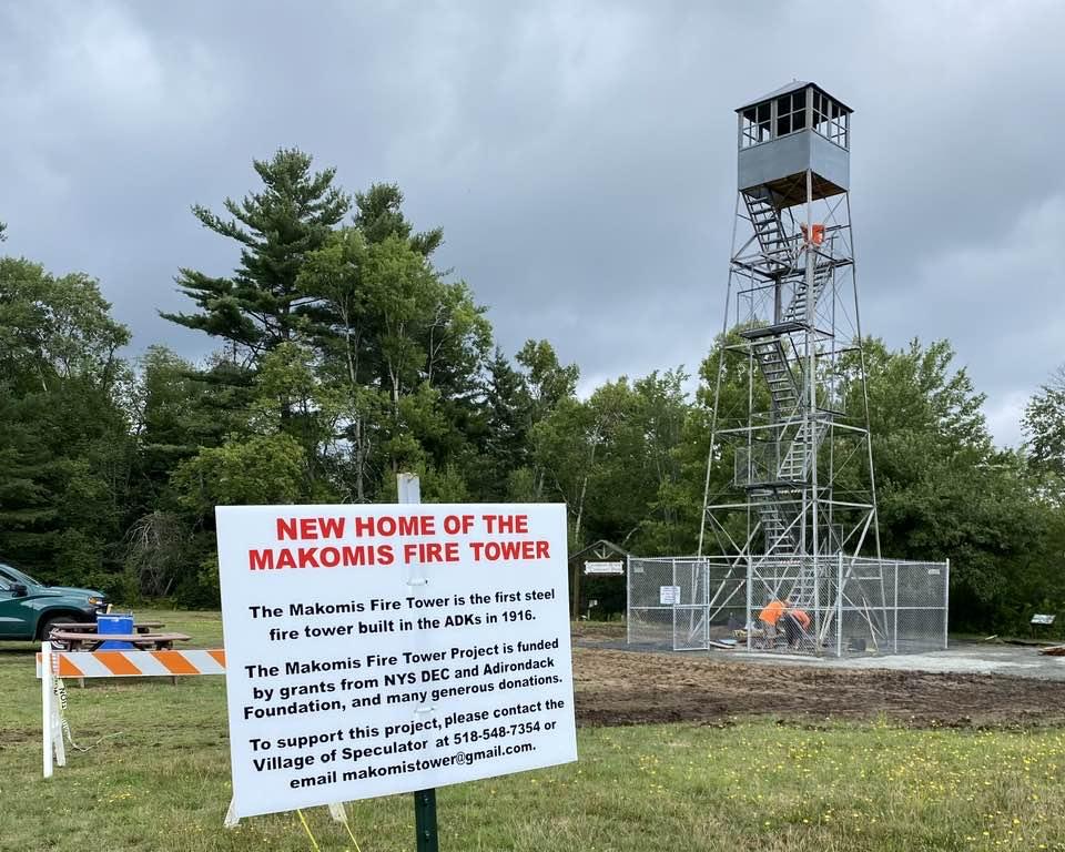 The Makomis fire tower, standing in its new home in the Village of Speculator.