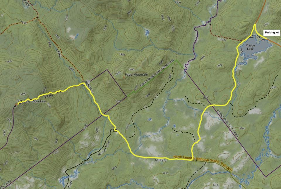 A map of Pillsbury Mountain with a route marked in yellow.