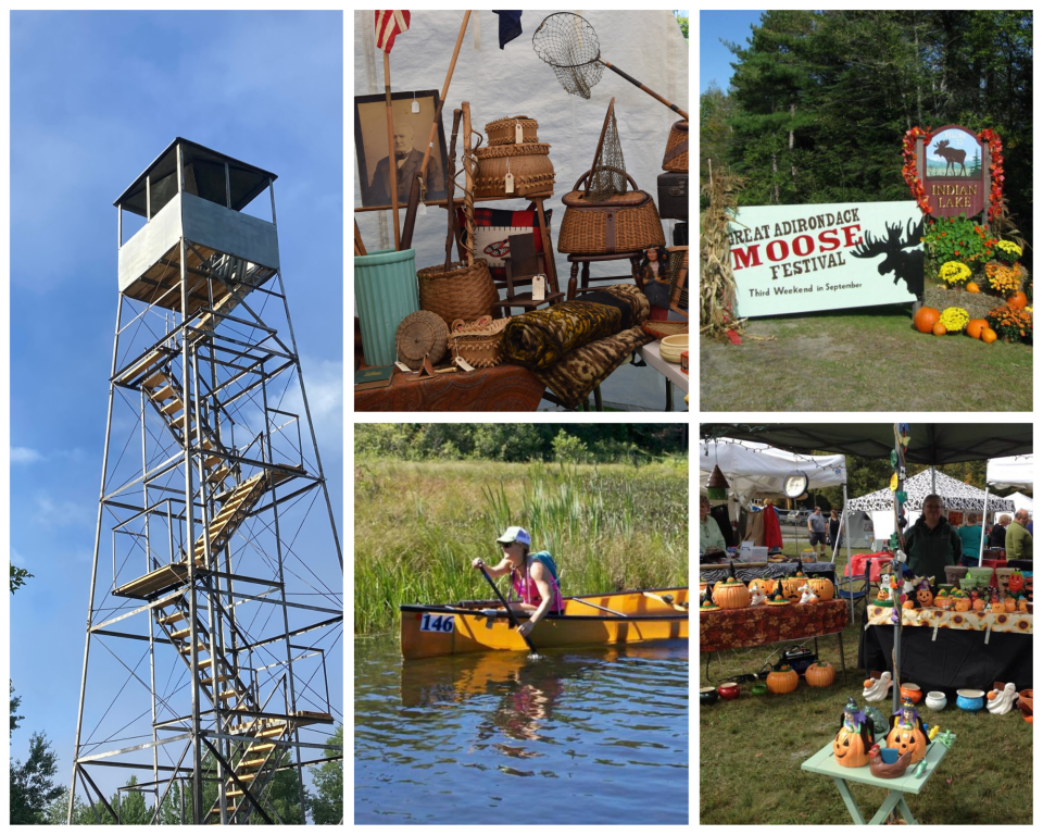 Makomis Fire Tower, Antiques fair, Moose Festival sign, canoe, fall festival