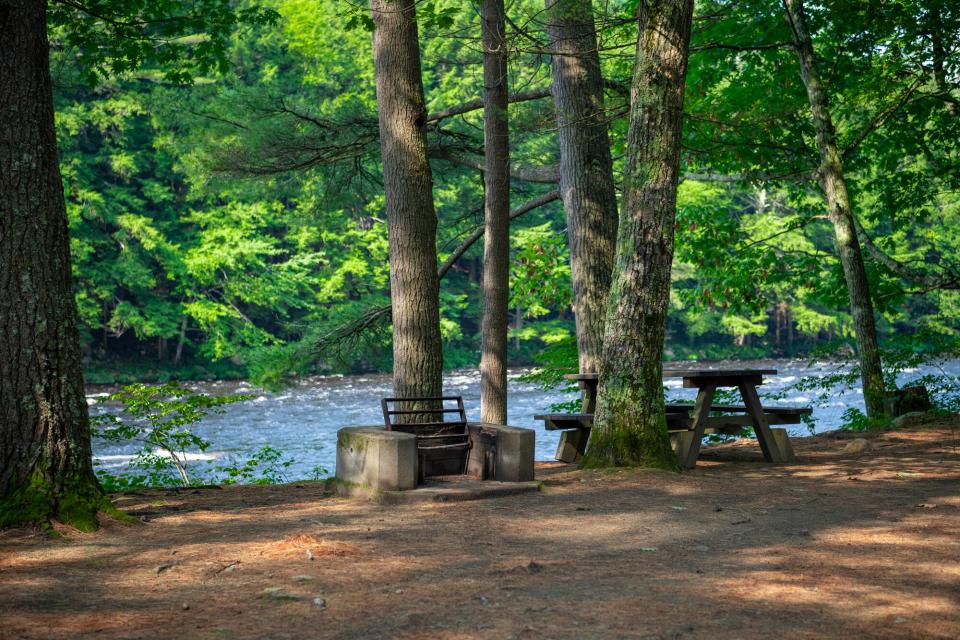 A campsite with fire pit and picnic tables by the water