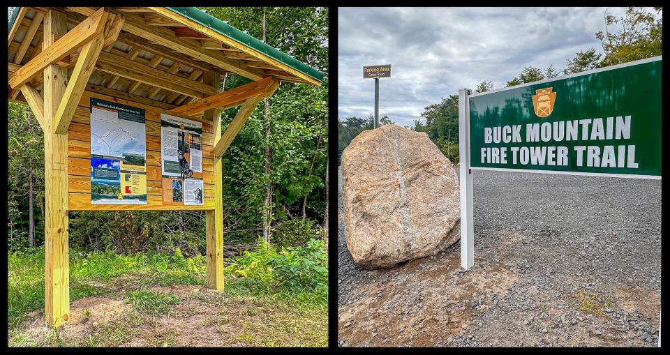 Two of the signs at Buck Mountain: one trailhead kiosk with information and one parking lot entrance sign.