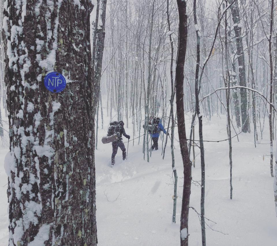 Two backpackers walking through the woods in the winter