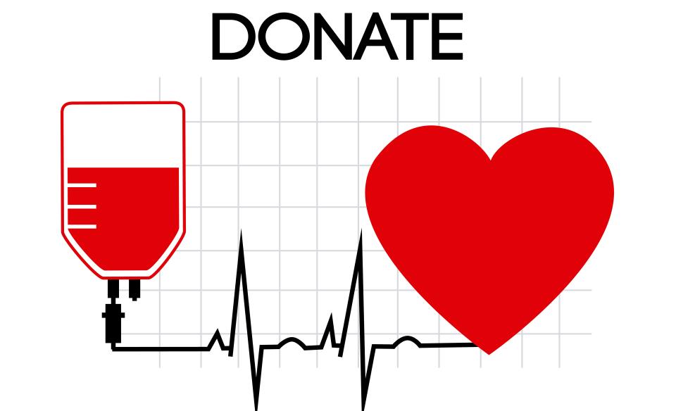 Clip art of a pint of donated blood with a heart beat monitor squiggle connecting to a heart with the word donate above the image