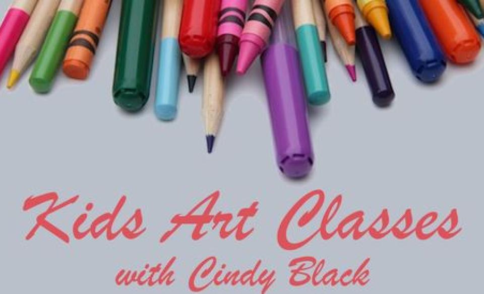 A variety of crayons, markers, and colored pencils on a grey table all lined up next to each other at the top of the picture, underneath it reads kids art classes with Cindy Black