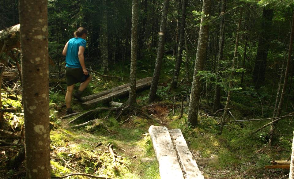 A hiker walks across wooden plank bridging.