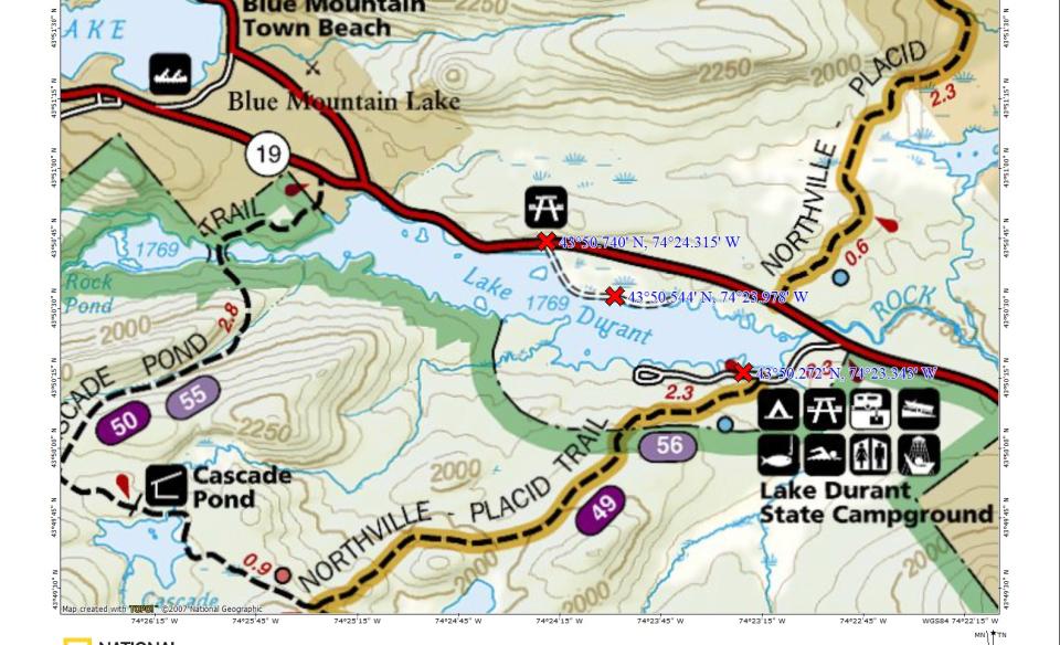 A map featuring Lake Durant, the Northville-Placid Trail, and the main road going through them.
